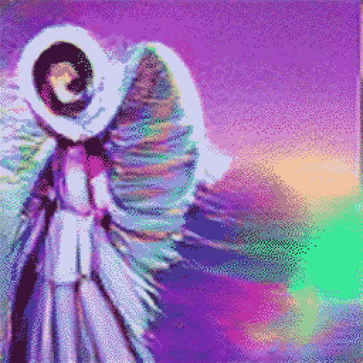 dithered image resembling an angel, in shades of lavender accented with other pastels